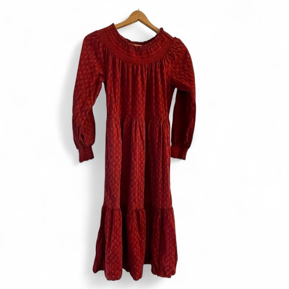 Universal Thread Women's XS Red Smocked Textured Long Sleeve Ruffle Maxi Dress